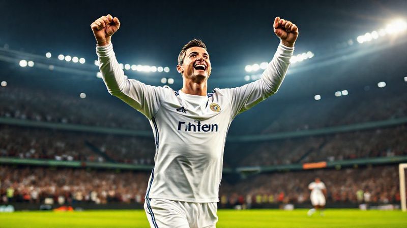 Iconic image of Cristiano Ronaldo celebrating a goal in his Real Madrid kit