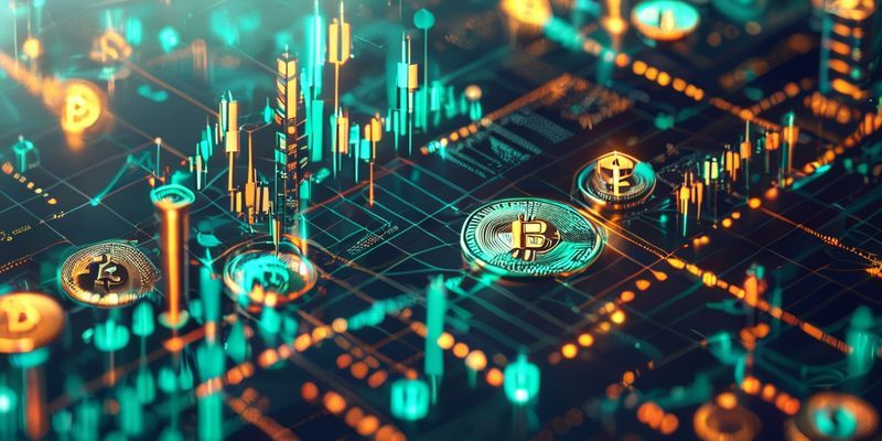 رسم بياني شمعداني يوضح أداء البيتكوين والإيثيريوم مع شبكة بلوكتشين وعقد رقمية، بتصميم مستقبلي يجمع بين اللونين الأزرق السماوي والذهبي