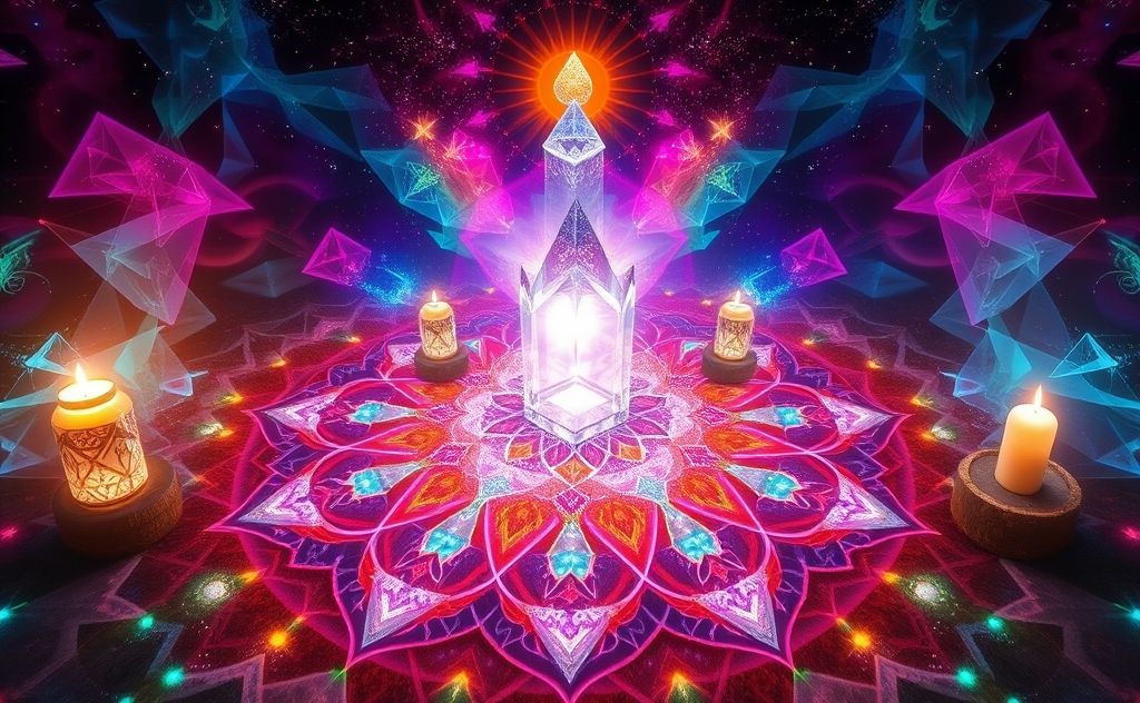 Crystal grid meditation with vibrant energy patterns