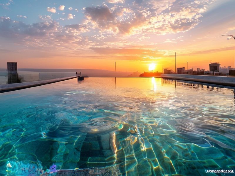 مسبح نظيف وخالي من التسربات وقت الغروب