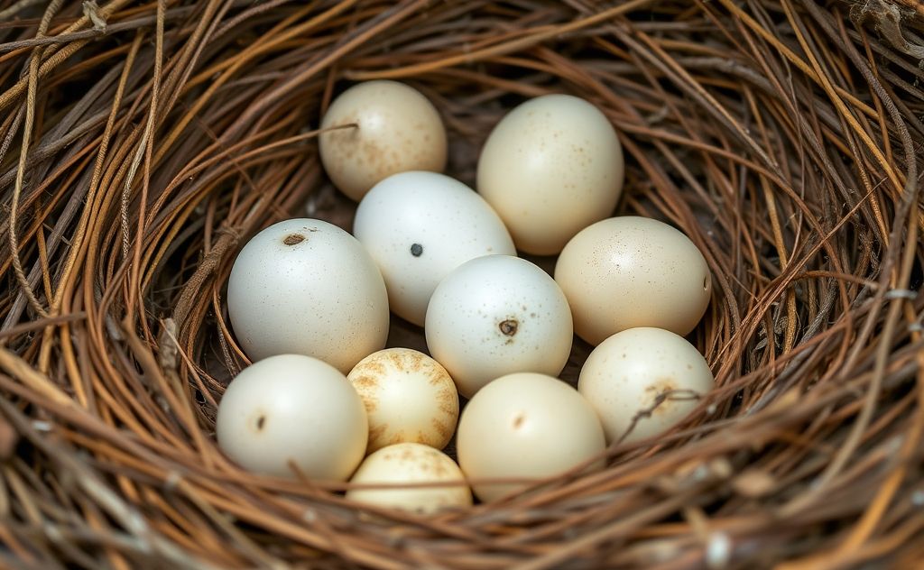 Cuckoo eggs nestled among host bird eggs in a nest.