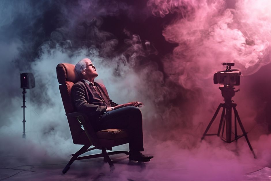 ديفيد لينش يتأمل في كرسي المخرج على مجموعة فيلم سريالي