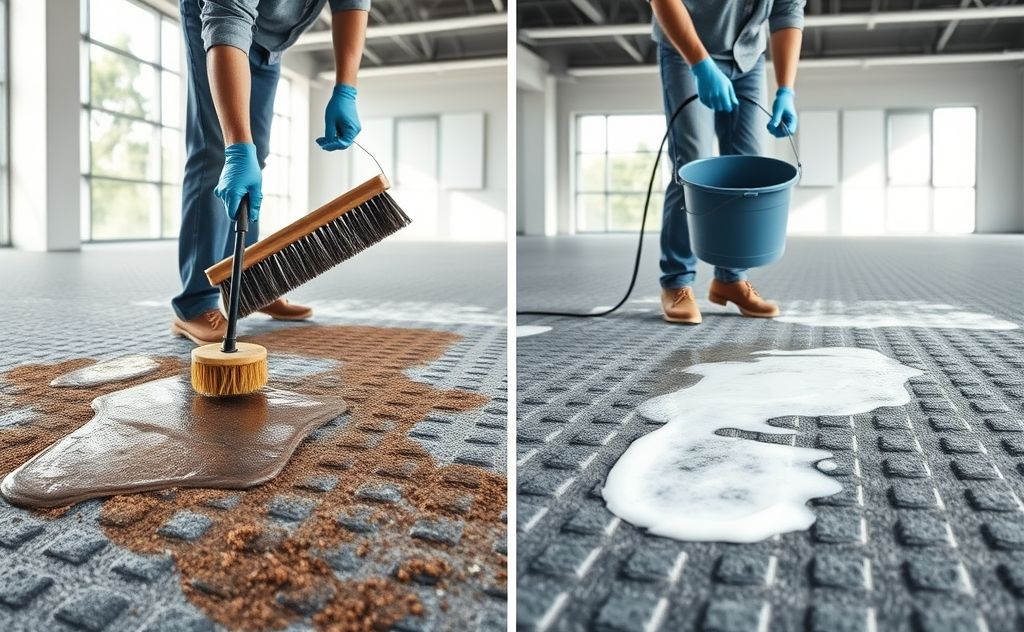 Deep clean rubber floor with thorough steps.