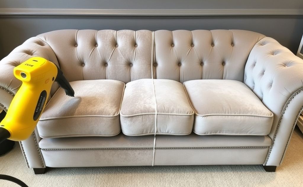 Deep clean velvet sofa with steam and brush