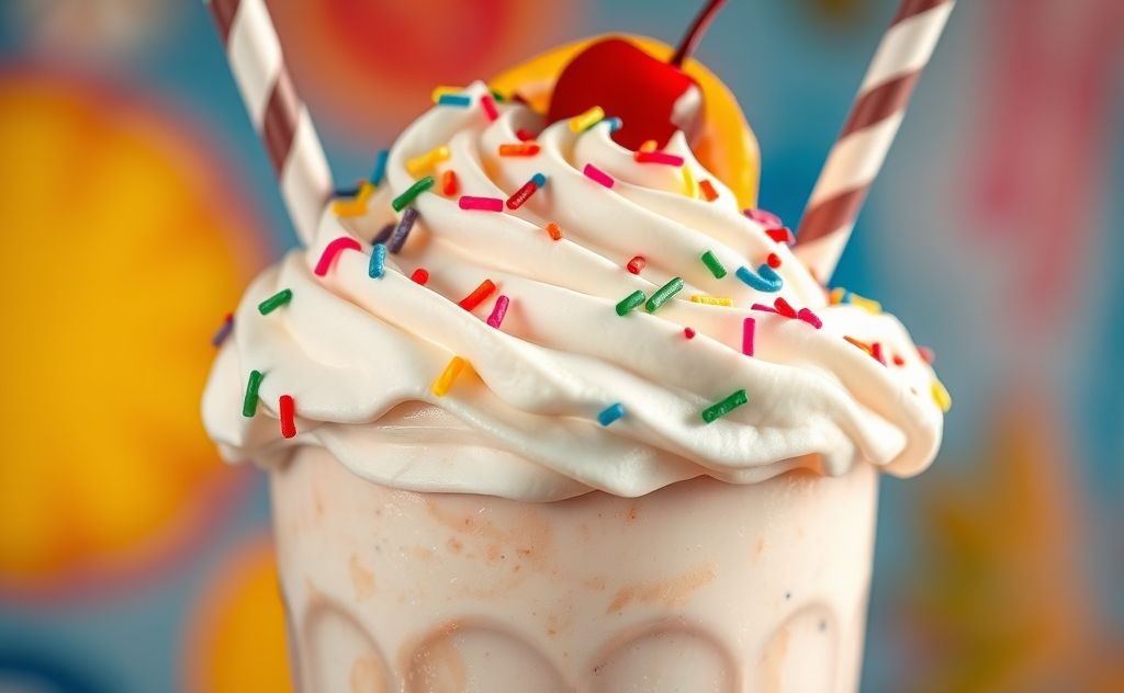 Delicious milkshake with creamy swirls and toppings