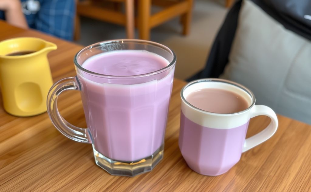 Delicious ube milk tea in a cozy setting.