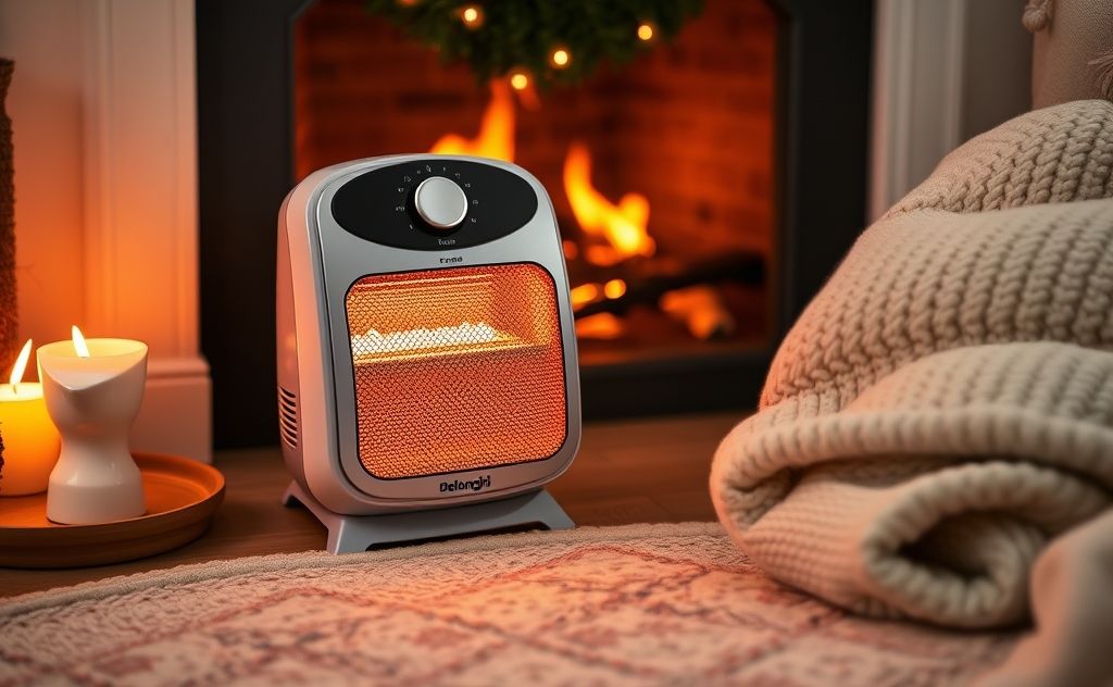Delonghi compact ceramic heater in a cozy setting