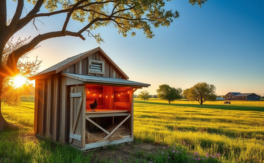 Design a cozy chicken roost in a farm setting