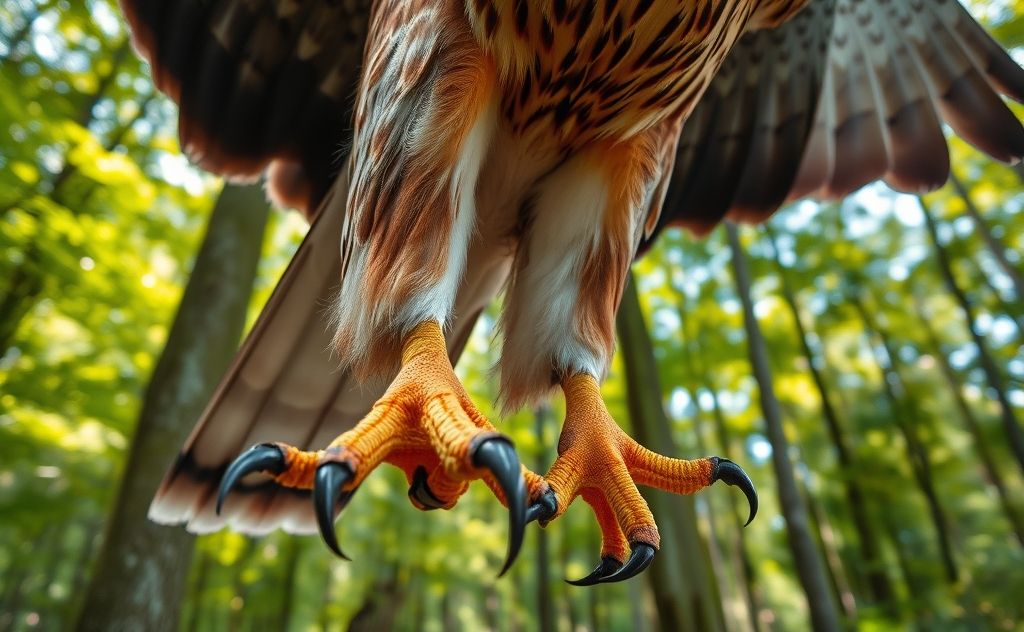 Detailed view of a raptor's wings and talons in a natural setting