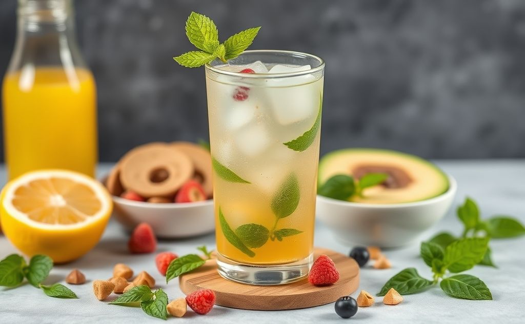 Detox drink with healthy snacks for wellness boost
