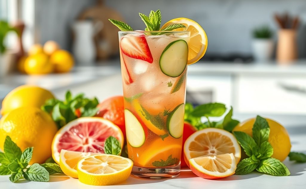 Detox drinks in vibrant glass with fresh ingredients