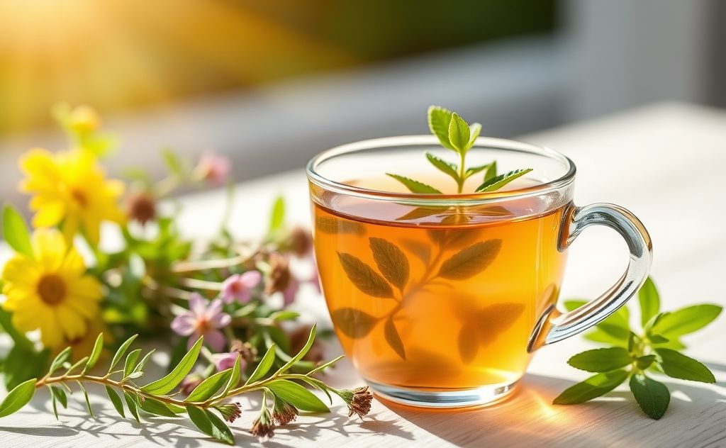 Detox tea cup with fresh herbs and a sunny backdrop