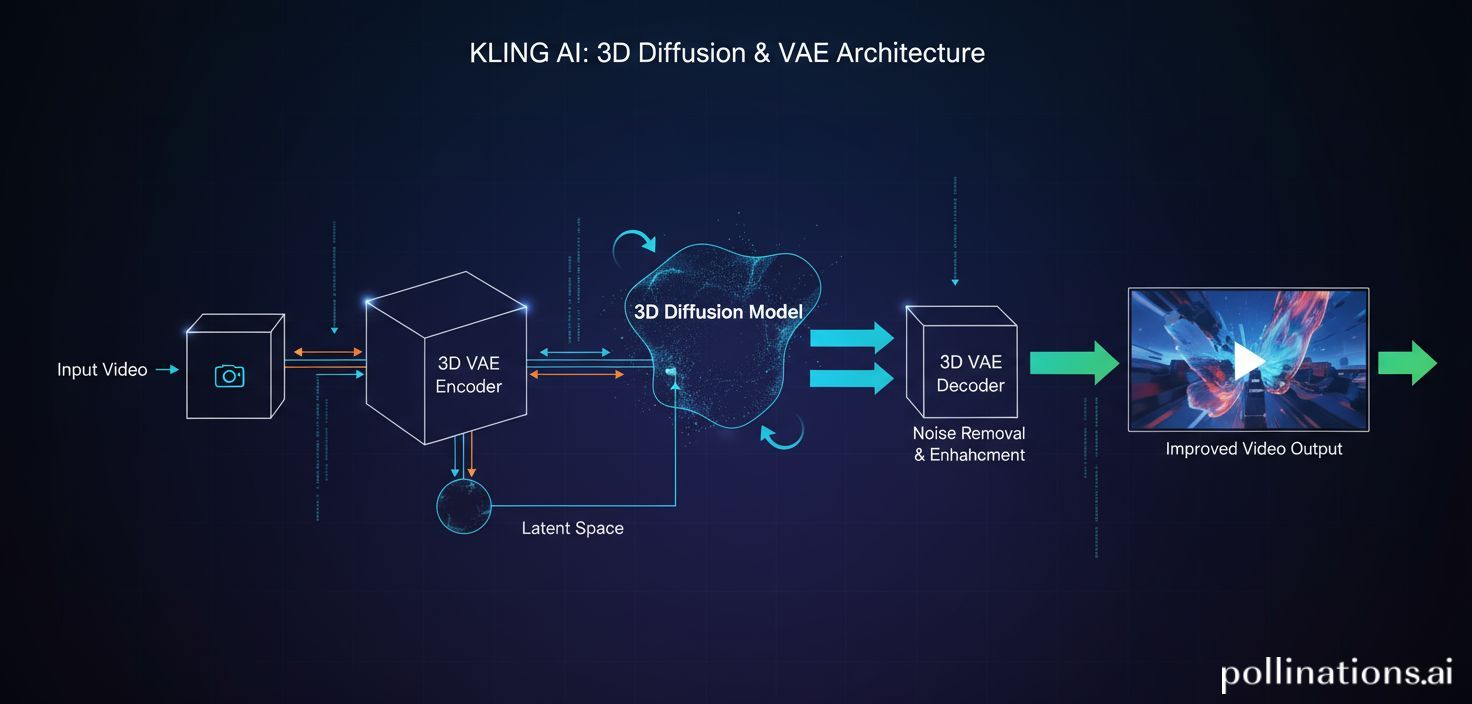 Diagrama esquemático que ilustra la arquitectura de difusión y VAE 3D de Kling AI, con flechas que muestran el flujo de datos y la mejora en la calidad del video.