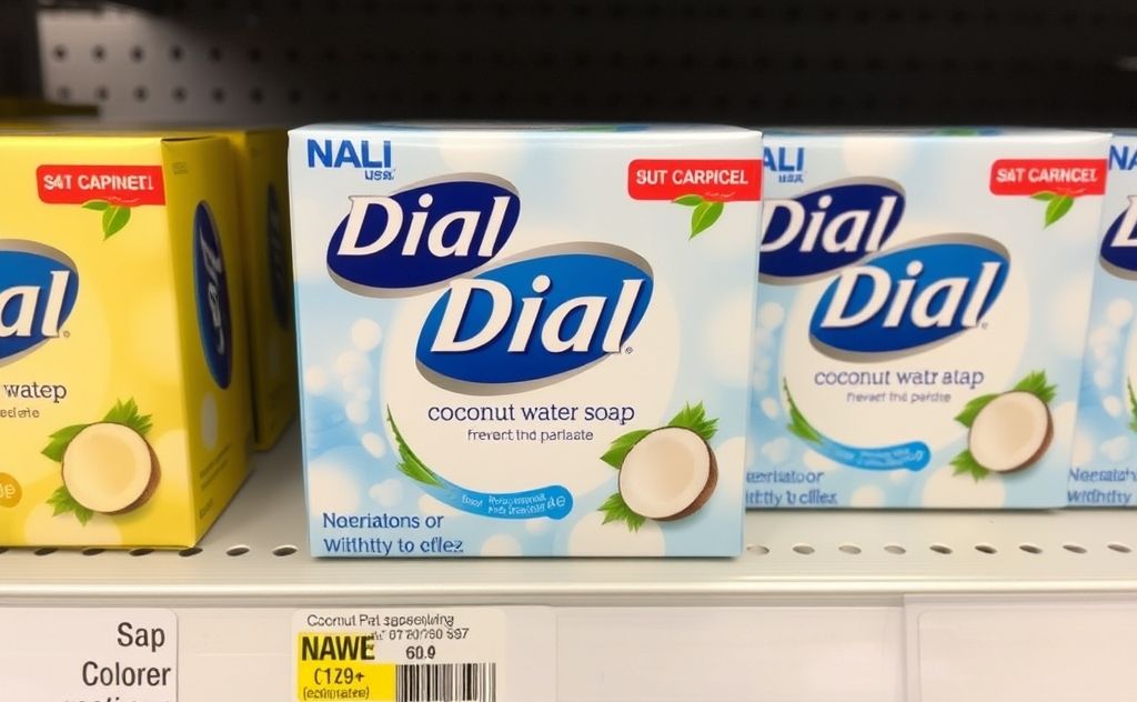Dial Coconut Water Soap packaging on a store shelf