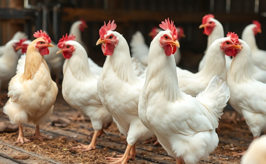 Different breeds of white chickens in a farm setting