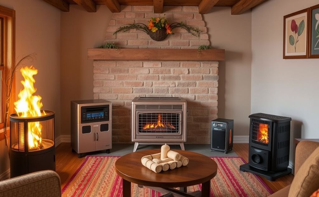 Different styles of ventless gas heaters in a cozy setting.