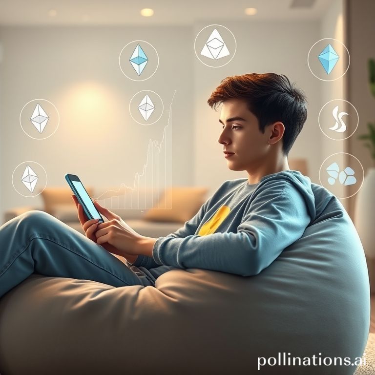 Digital artwork showing a Gen Z person chilling on a comfortable bean bag or sofa, casually looking at a smartphone or tablet that displays a simplified crypto chart with an upward trend. Around them, subtle holographic projections of various cryptocurrency logos (Ethereum, Cardano, Polkadot, Solana) are floating like growing digital plants or futuristic bubbles. The background features a modern, clean room with soft lighting, hinting at a relaxed yet technologically advanced vibe. The overall impression is effortless passive income in the digital age.