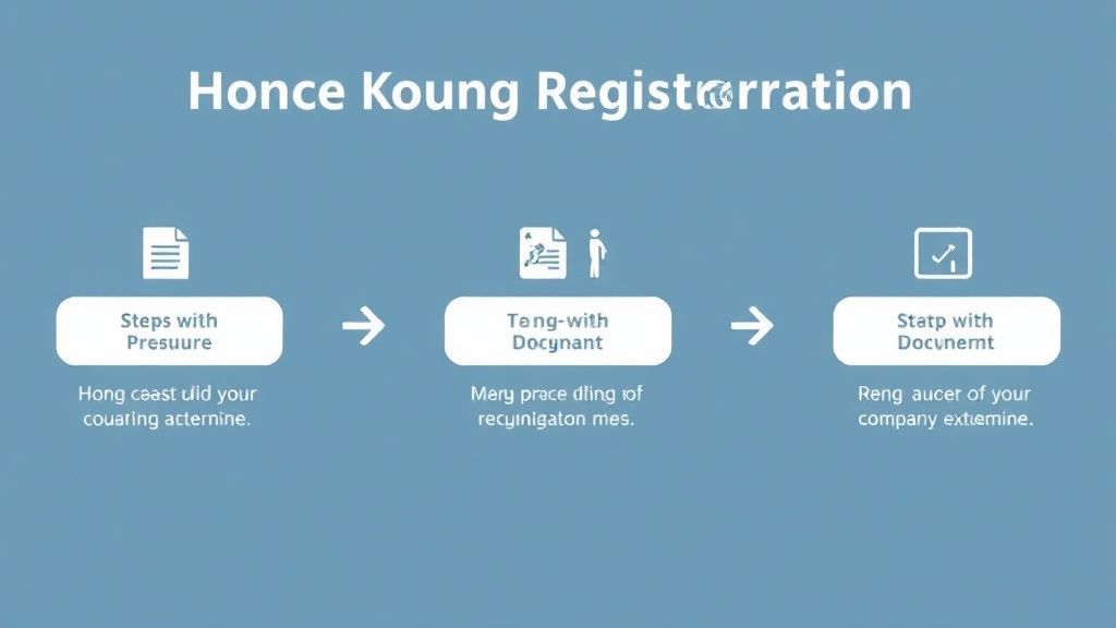 展示香港公司注册步骤的数字化流程图，包含文件、时间、效率图标和箭头，设计简洁现代