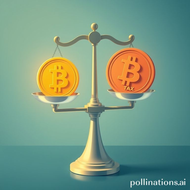 A digital illustration showing a balance scale weighing Bitcoin against tax symbols, depicting crypto regulation in 2025.