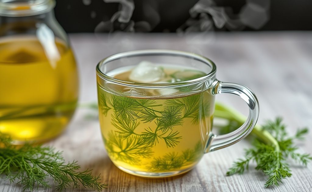 Dill tea brewing with fresh herbs and steam