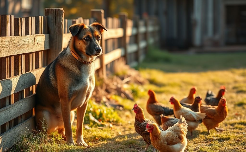 Dog guarding chickens with a fence and watchful eyes