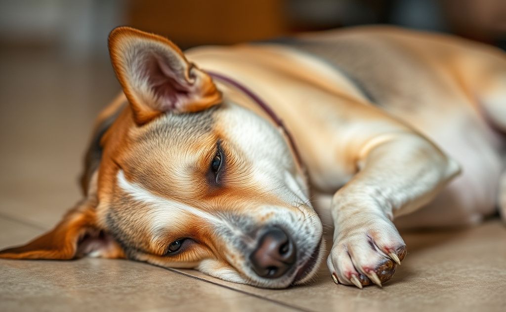Dog lying down, showing signs of distress