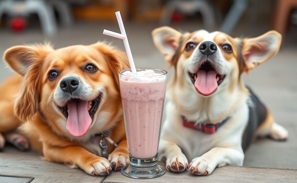 Dogs enjoying a strawberry milkshake treat