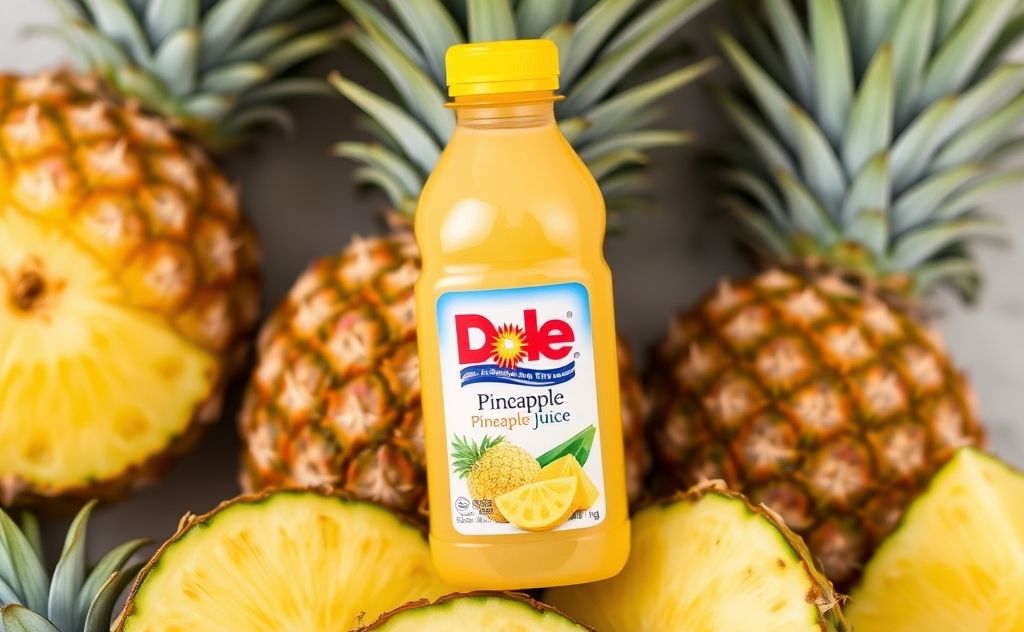 Dole Pineapple Juice bottle on a fresh pineapple background