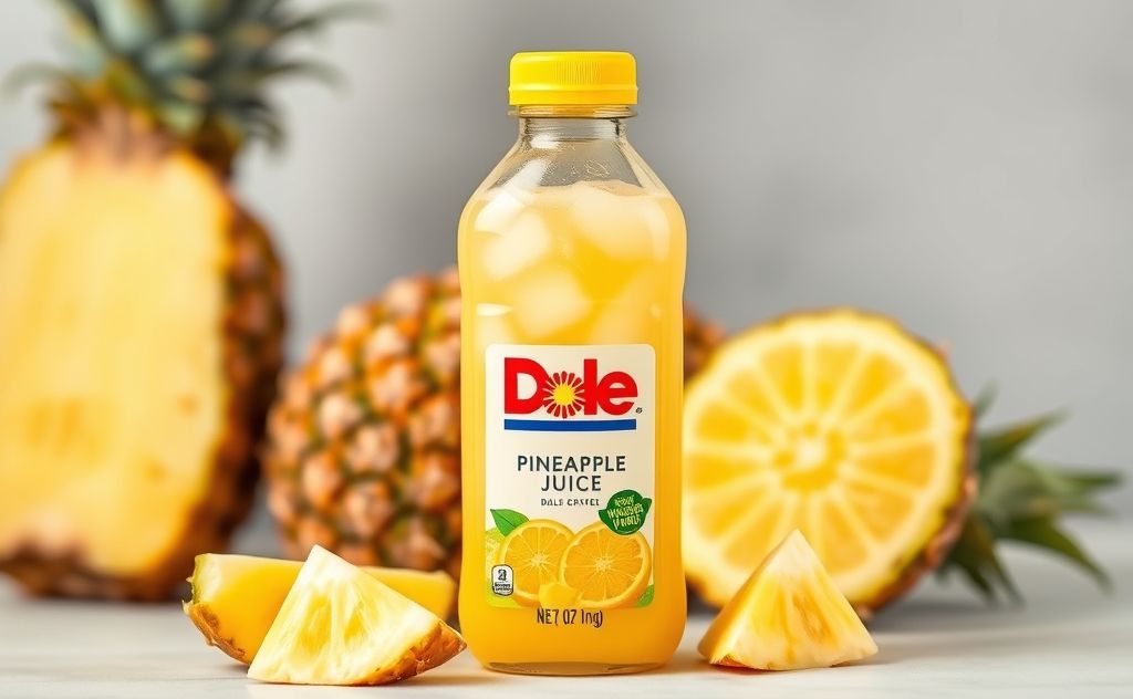 Dole Pineapple Juice with a fresh pineapple backdrop