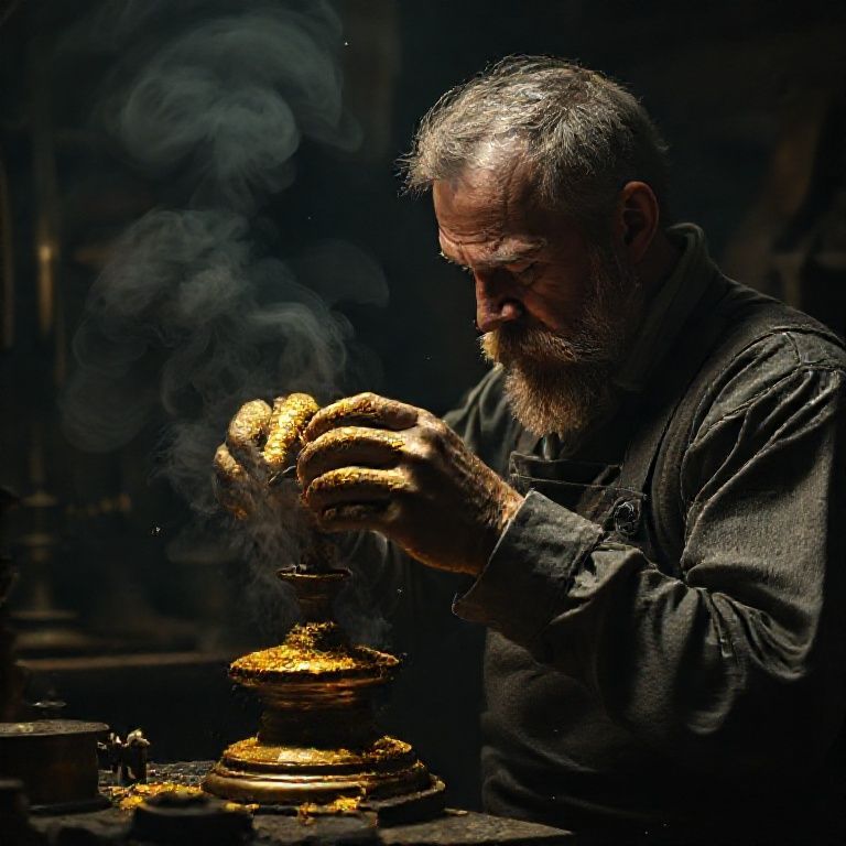 Imagem dram&aacute;tica de um artes&atilde;o aplicando a pasta de Ormolu em uma oficina sombria.