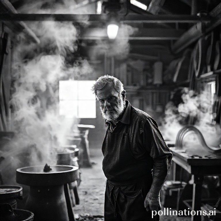 Fotografia dram&aacute;tica em preto e branco de Michael Thonet em sua oficina, rodeado por vapor e madeira curvada