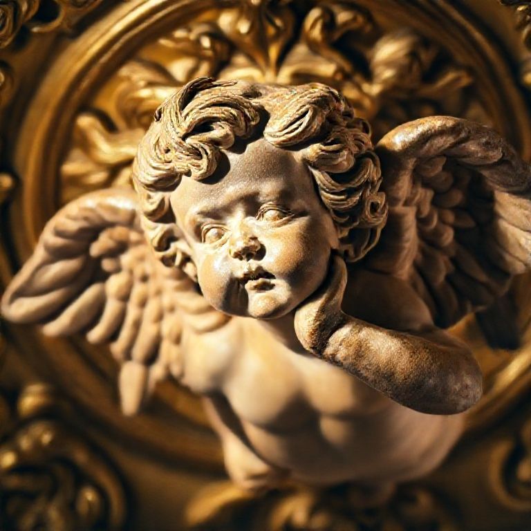 Close-up dram&aacute;tico de um Querubim Barroco em um teto dourado