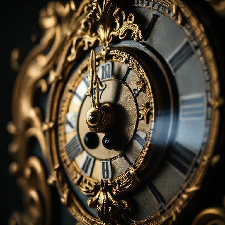 Close-up dram&aacute;tico de um rel&oacute;gio Ormolu franc&ecirc;s, destacando o brilho dourado.