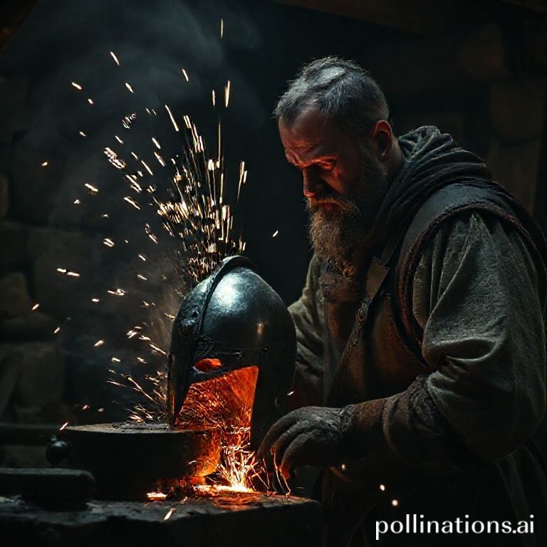 Ferreiro medieval forjando um Elmo Bascinet em luz dram&aacute;tica