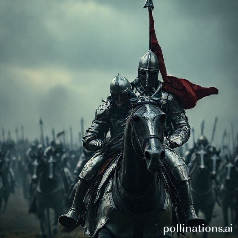 Imagem conceitual (AI) da cavalaria medieval com armadura prateada, em estilo dram&aacute;tico.
