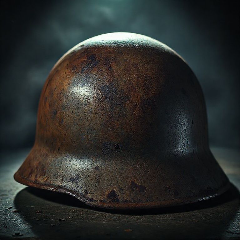 Capacete M1 da Segunda Guerra Mundial enferrujado e com arranh&otilde;es profundos, sob luz dram&aacute;tica