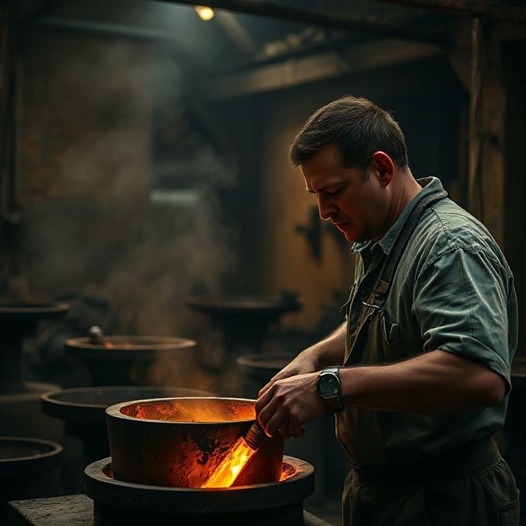 Imagem dram&aacute;tica de um fundidor de bronze derramando metal l&iacute;quido, em estilo Art Nouveau brasileiro