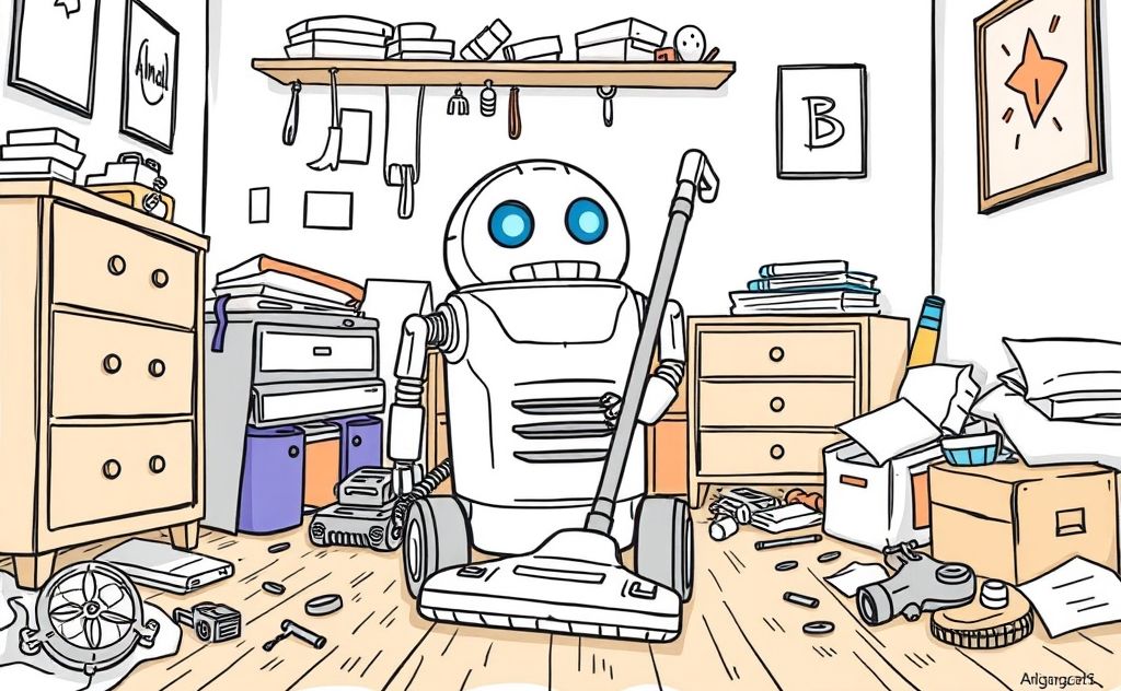 Draw a robot vacuum cleaner in a messy room setting.