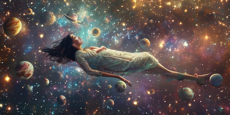 Yıldızlar ve gezegenlerden oluşan bir galakside süzülen rüya gören kadın, sürreal, ruhani