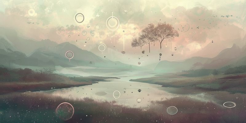 Rüyamsı manzara, yüzen semboller ve yumuşak renkler, uhrevi atmosfer