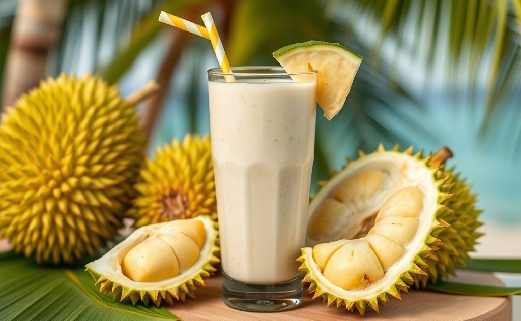 Durian smoothie in a tropical setting with fruit.