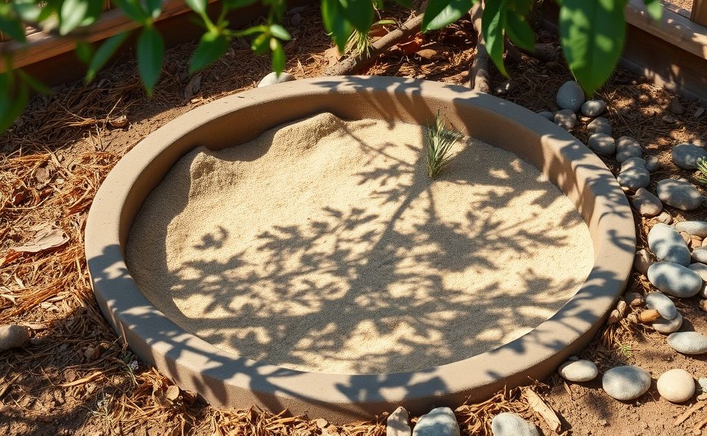 Dust bath area for chickens with natural elements