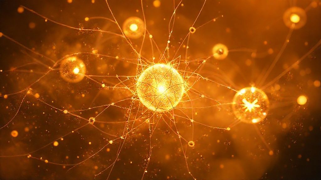 Dust motes swirling in warm amber light, illuminating a tangled web of silver threads connecting glowing orbs representing friends, career, and new opportunities. Hints of unfinished projects fade in the background.