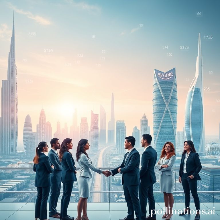 Professionals collaborating amidst a vibrant, futuristic cityscape, symbolizing Arāya Ventures' expansion and AI-driven investment in the GCC.