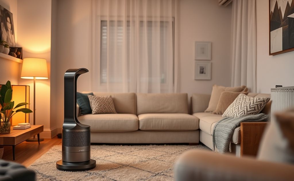 Dyson heater in a cozy living room setting
