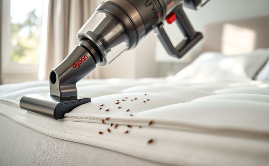 Dyson vacuum removing bed bugs from a mattress