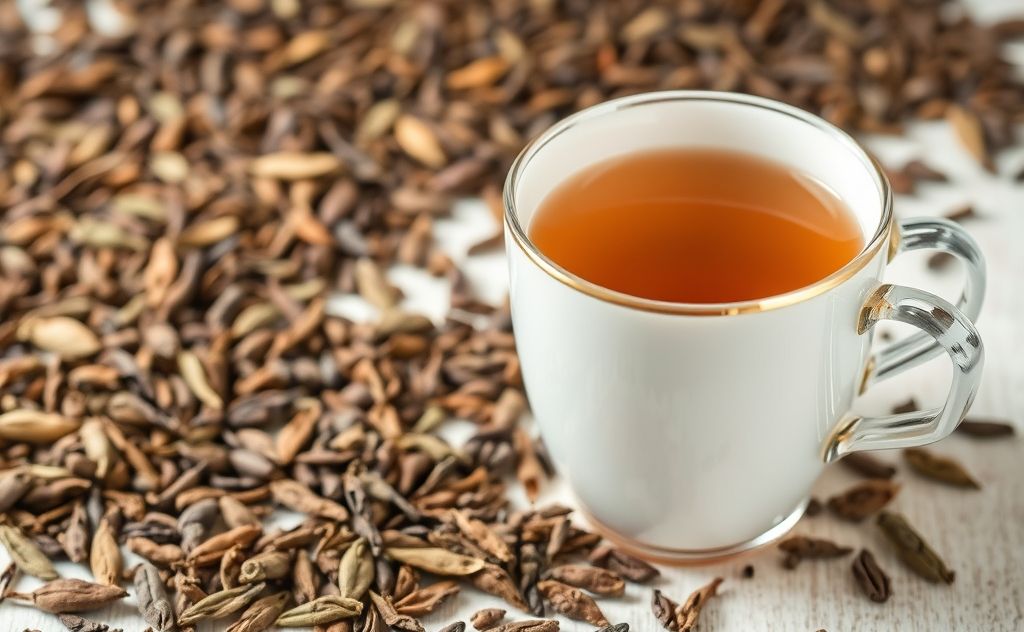 Earl Grey tea with a cup and tea leaves backdrop