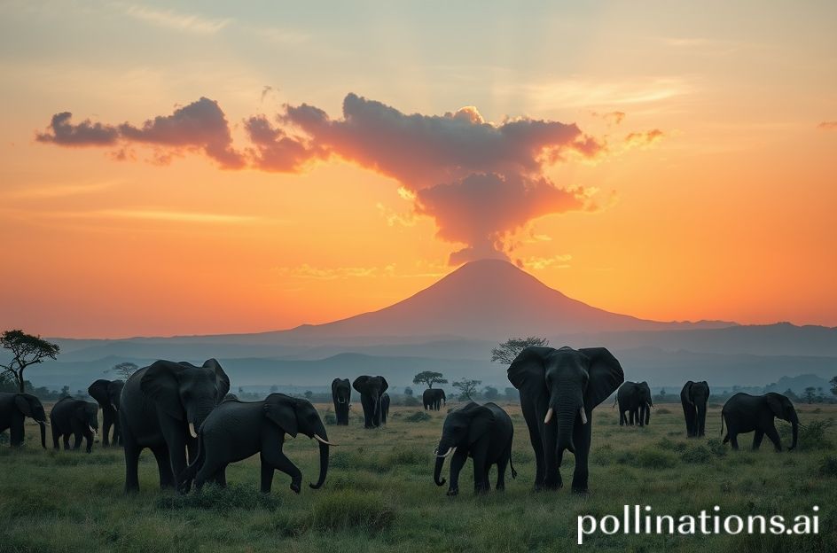 East African safari at sunrise with elephants and Mount Kilimanjaro