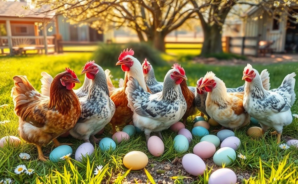 Easter Egger chickens laying colorful eggs