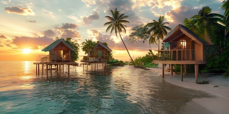 أكواخ صديقة للبيئة على ركائز خشبية فوق مياه فيروزية صافية، مع تصميم مرن للتكيف مع التغيرات المناخية، محاطة بنباتات استوائية خضراء مورقة.